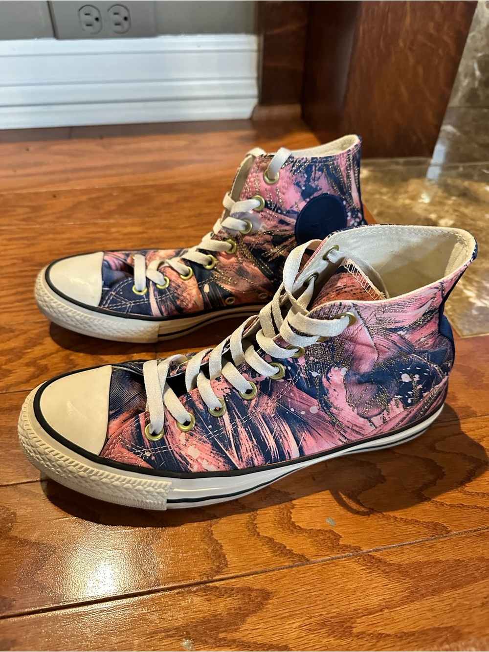 Converse All Star Hi Embroidered Satin Pink Navy Sneakers Women’s 9 - Picture 4 of 8